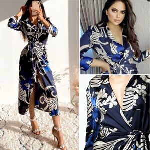 ZARA Satin Wrap Midi Dress Long Sleeve Pocket Chest Collared Floral Print